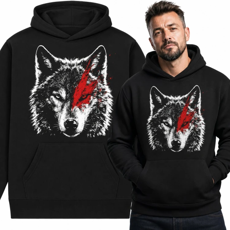 Bluza męska z kapturem - wilk z czerwoną błyskawicą na oku