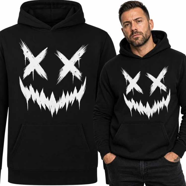 Bluza męska z kapturem - mroczna buźka z oczami X i ostrym uśmiechem
