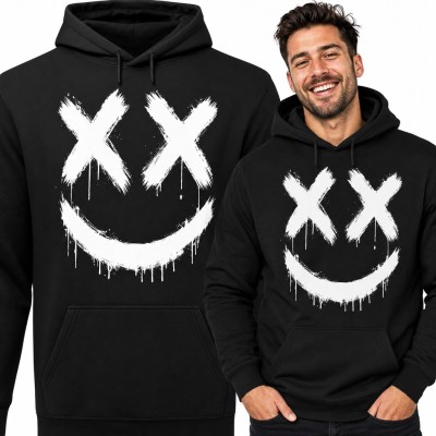 Bluza męska z kapturem - graffiti buźka z oczami X i zaciekami farby