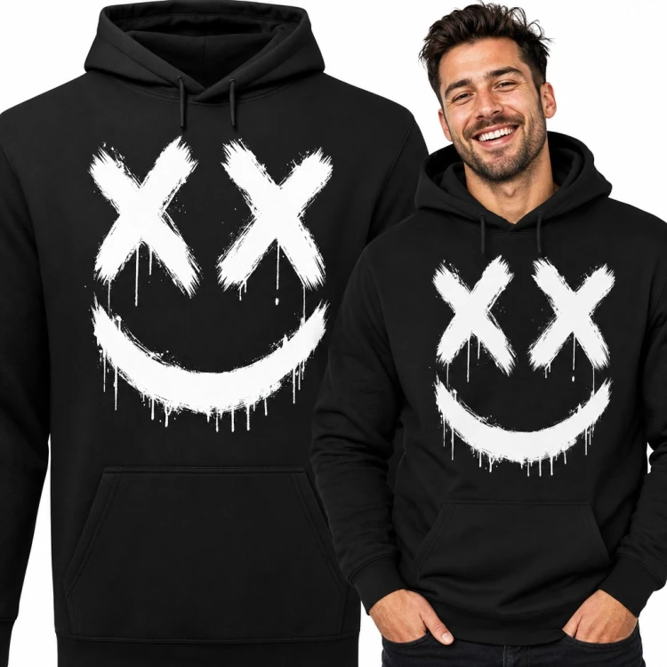 Bluza męska z kapturem - graffiti buźka z oczami X i zaciekami farby