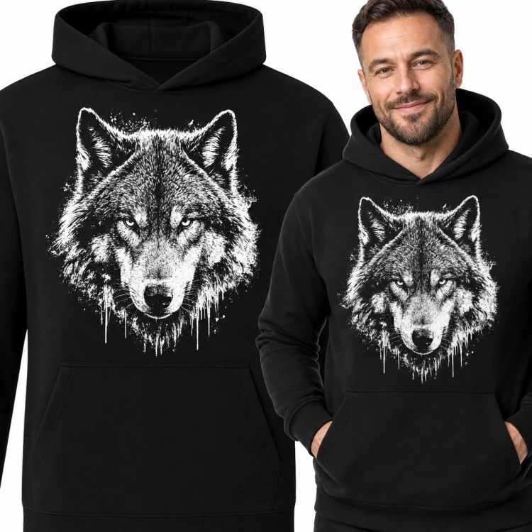 Bluza męska z kapturem - głowa wilka w stylu splash z przenikliwym spojrzeniem