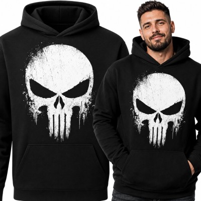 Bluza męska z kapturem - biała czaszka grunge z groźnym spojrzeniem