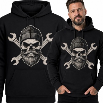 Bluza męska z kapturem - brodata czaszka w czapce na skrzyżowanych kluczach dla mechanika
