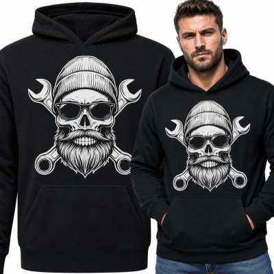 Bluza męska z kapturem - brodata czaszka w beanie i okularach ze skrzyżowanymi kluczami dla mechanika