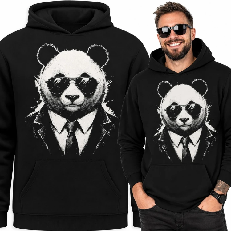 Bluza męska z kapturem - panda w garniturze i okularach przeciwsłonecznych