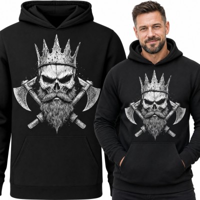 Bluza męska z kapturem - brodata czaszka wikinga w koronie z toporami