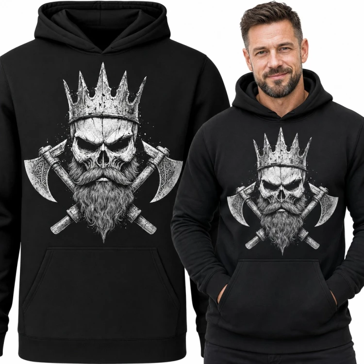 Bluza męska z kapturem - brodata czaszka wikinga w koronie z toporami