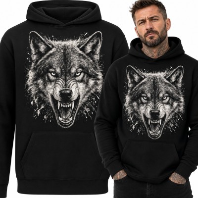 Bluza męska z kapturem - drapieżna głowa wilka w czarno-białym stylu