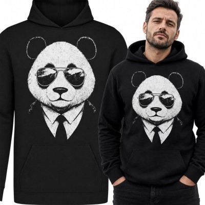 Bluza męska z kapturem - panda w okularach pilotkach i krawacie