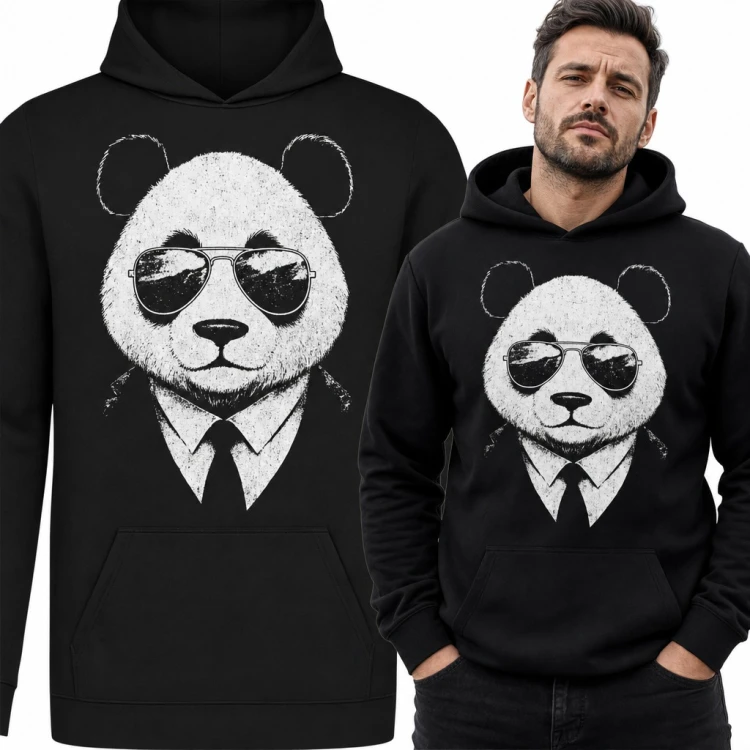 Bluza męska z kapturem - panda w okularach pilotkach i krawacie