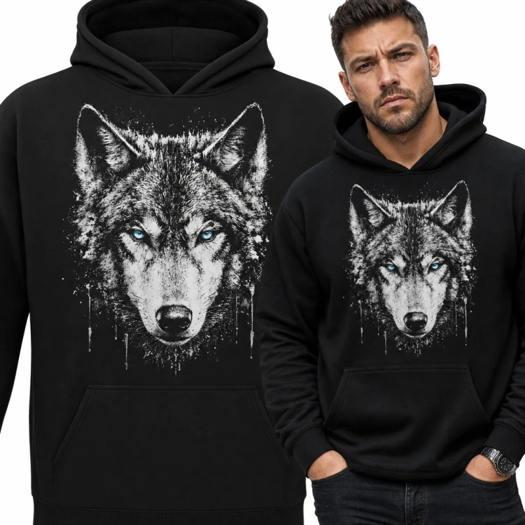Bluza męska z kapturem - głowa wilka o niebieskich oczach w stylu splash