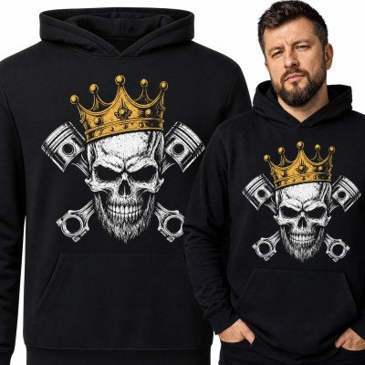 Bluza męska z kapturem - brodata czaszka w koronie na tłokach dla mechanika