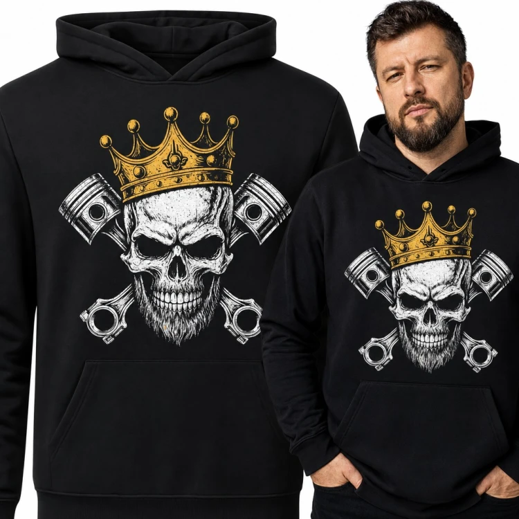Bluza męska z kapturem - brodata czaszka w koronie na tłokach dla mechanika