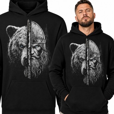 Bluza męska z kapturem - wiking i niedźwiedź z runami, motyw berserkera