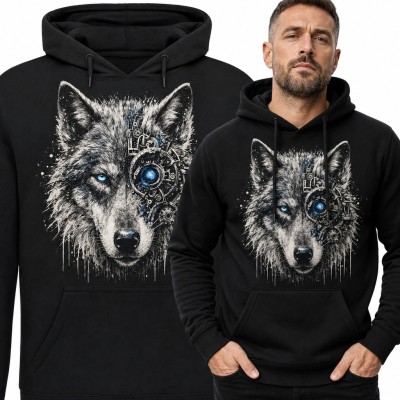 Bluza męska z kapturem - wilk cyborg z mechanicznym okiem i trybami