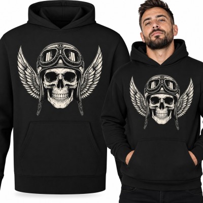 Bluza męska z kapturem - czaszka w retro kasku motocyklowym ze skrzydłami dla motocyklisty