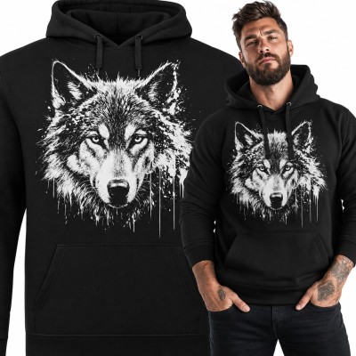 Bluza męska z kapturem - głowa wilka w stylu splash z ociekającą farbą