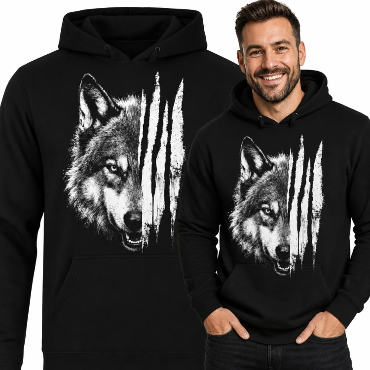 Bluza męska z kapturem - głowa wilka z rozdarciem od pazurów
