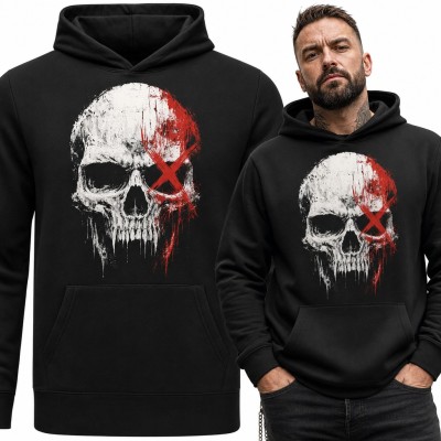 Bluza męska z kapturem - biało-czerwona czaszka z przekreślonym okiem w stylu grunge