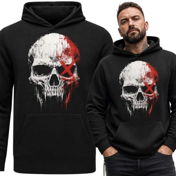 Bluza męska z kapturem - biało-czerwona czaszka z przekreślonym okiem w stylu grunge