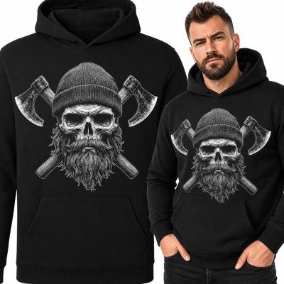 Bluza męska z kapturem - brodata czaszka drwala ze skrzyżowanymi siekierami