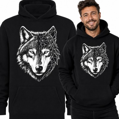 Bluza męska z kapturem - wilk pół realistyczny, pół geometryczny