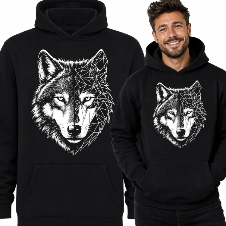 Bluza męska z kapturem - wilk pół realistyczny, pół geometryczny