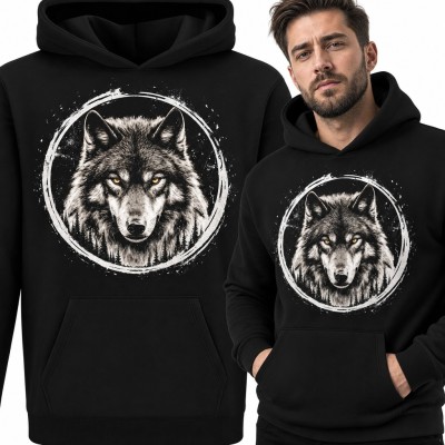 Bluza męska z kapturem - wilk o bursztynowych oczach na tle lasu w okręgu