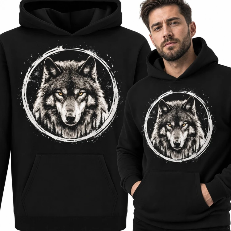 Bluza męska z kapturem - wilk o bursztynowych oczach na tle lasu w okręgu