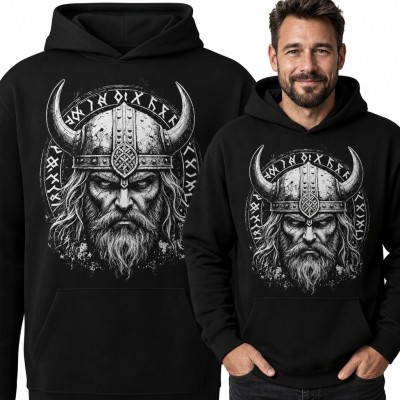 Bluza męska z kapturem - wiking w rogatym hełmie i krąg nordyckich run