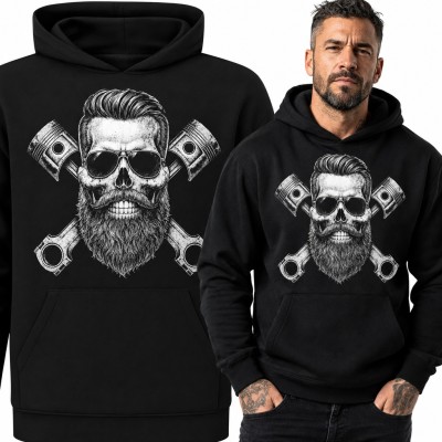 Bluza męska z kapturem - brodata czaszka w okularach i skrzyżowane tłoki dla mechanika