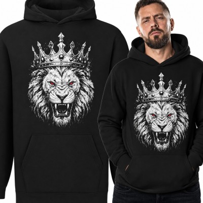 Bluza męska z kapturem - ryczący lew w koronie z czerwonymi oczami
