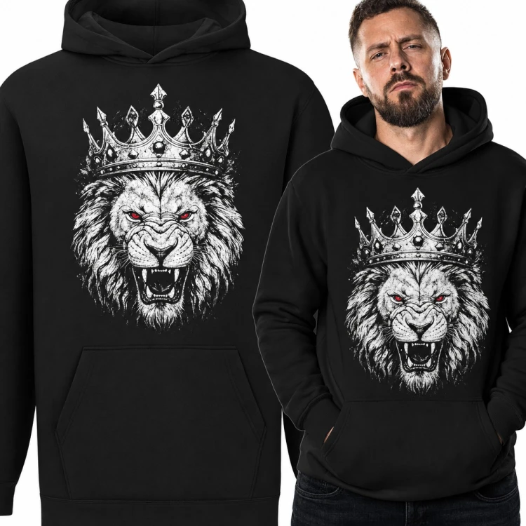 Bluza męska z kapturem - ryczący lew w koronie z czerwonymi oczami
