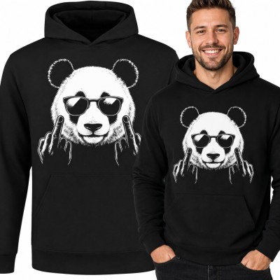 Bluza męska z kapturem - panda w okularach pokazująca środkowe palce