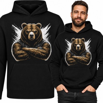 Bluza męska z kapturem z niedźwiedziem brunatnym w pozie twardziela