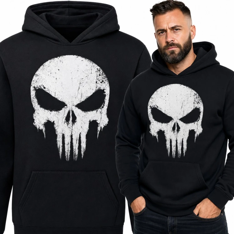 Bluza męska z kapturem - biała czaszka grunge z długimi zębami