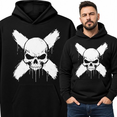 Bluza męska z kapturem - zła czaszka na białym X w stylu grunge