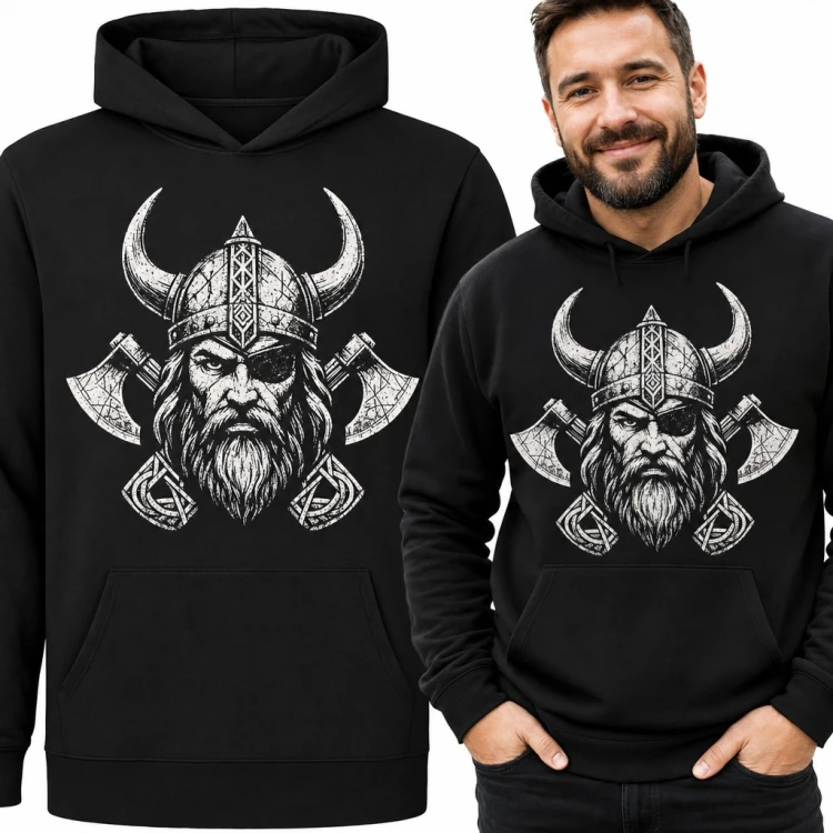 Bluza męska z kapturem - wiking z opaską na oku i skrzyżowanymi toporami