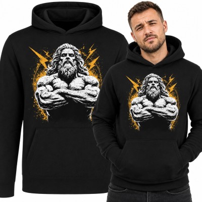 Bluza męska z kapturem - muskularny Zeus z błyskawicami na siłownię