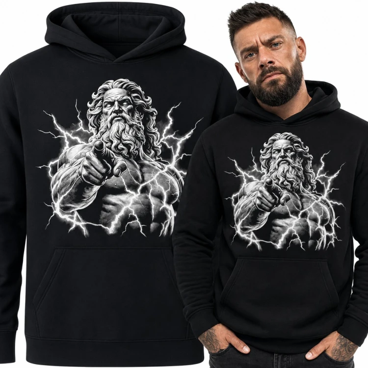 Bluza męska z kapturem - Zeus wskazujący palcem wśród błyskawic