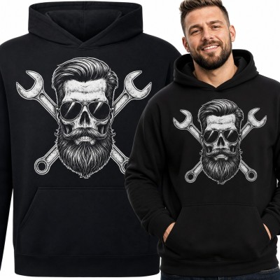 Bluza męska z kapturem - czaszka brodacza z kluczami płaskimi, prezent dla mechanika