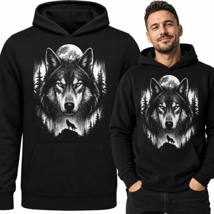 Bluza męska z kapturem - wilk na tle pełni księżyca i nocnego lasu