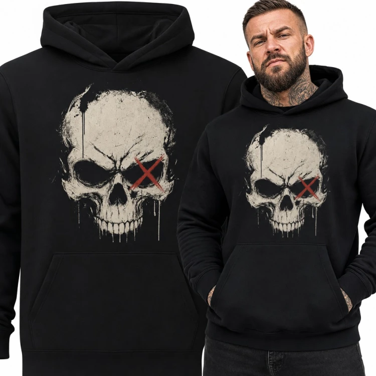 Bluza męska z kapturem - czaszka z czerwonym X na oku w stylu grunge