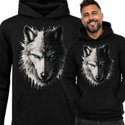 Bluza męska z kapturem - wilk czarno-biały z niebieskimi oczami