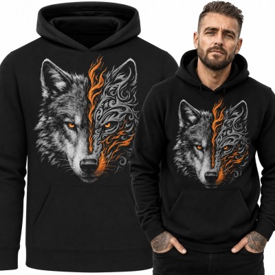 Bluza męska z kapturem - wilk pół tribal z płomieniami