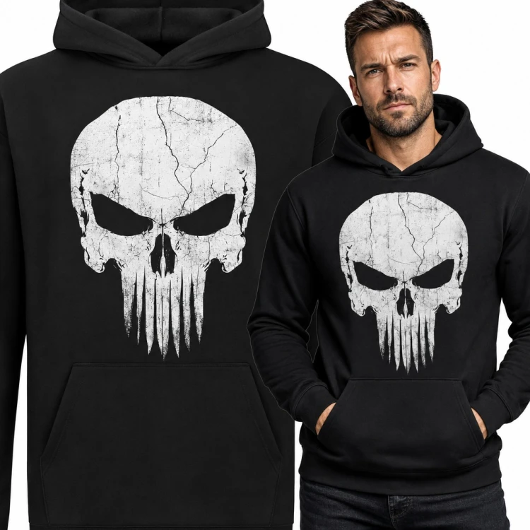 Bluza męska z kapturem - pęknięta czaszka z długimi zębami w stylu grunge