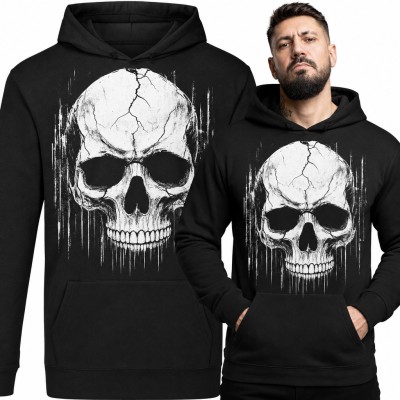 Bluza męska z kapturem - biała popękana czaszka w stylu grunge