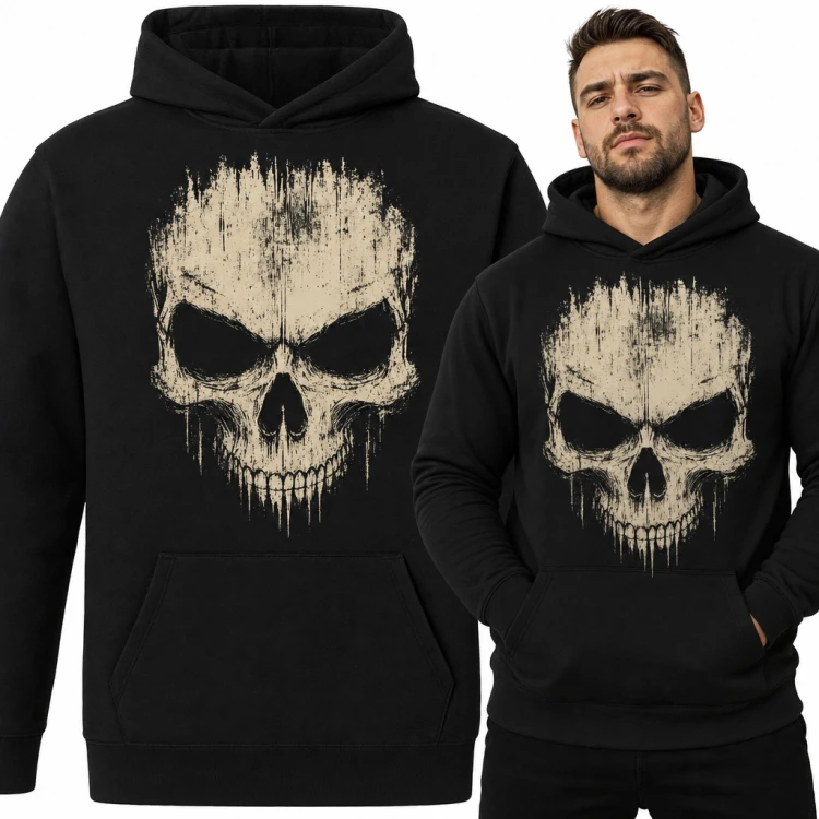 Bluza męska z kapturem - groźna czaszka grunge z efektem ściekającej farby