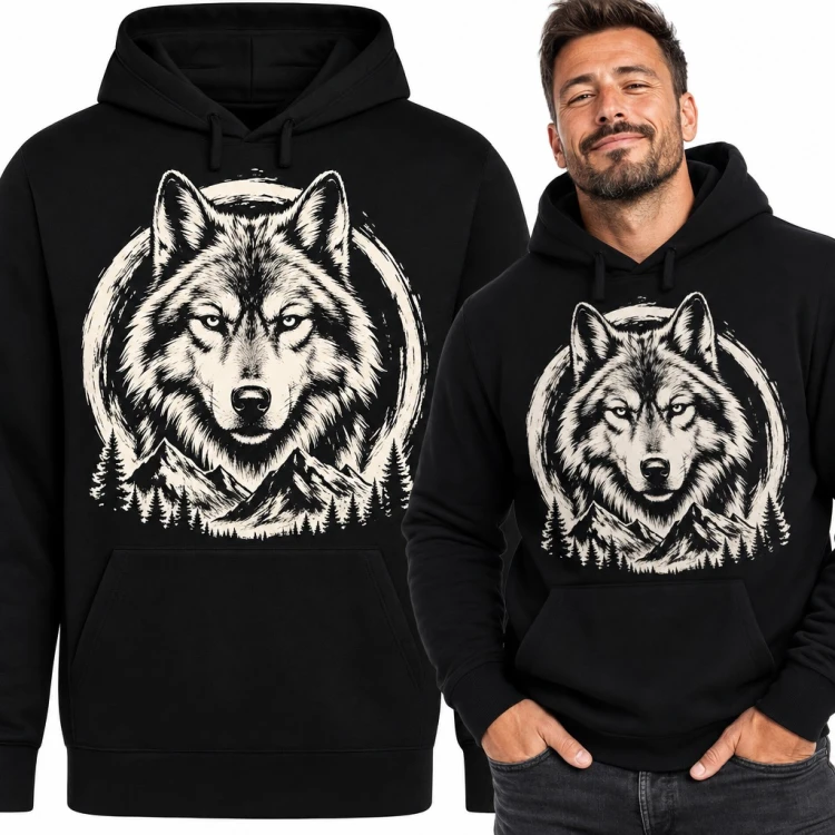 Bluza męska z kapturem - wilk na tle pełni księżyca, gór i lasu