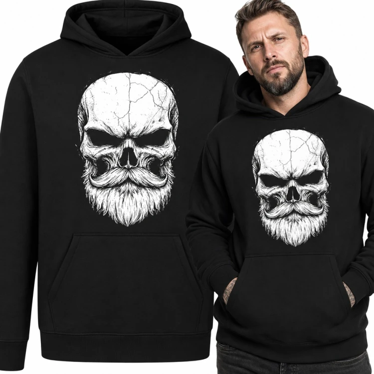 Bluza męska z kapturem - czaszka z brodą i podkręconymi wąsami